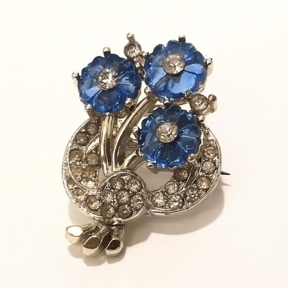 Vintage Silver Tone Blue Rhinestone Flower Bouquet Scatter Pin Brooch - Picture 3 of 6